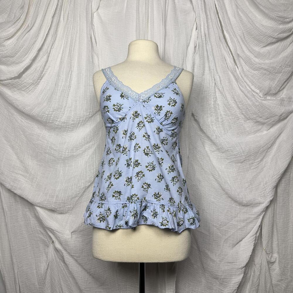 Y2K Preppy Cottage Fairy Lei Light Blue Floral Lace Trim Tank Top (L)